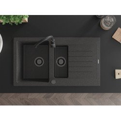 Mexen Matias   Chiuveta bucatarie granit 1,5 cuva + picurator+ cadou pop up sifon   900 x 505 mm, negru  piatra, sifon  negru  - 6502901505-76-B