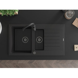 Mexen Matias   Chiuveta bucatarie granit 1,5 cuva + picurator+ cadou pop up sifon   900 x 505 mm, negru , sifon  negru  - 6502901505-77-B