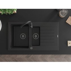 Mexen Matias   Chiuveta bucatarie granit 1,5 cuva + picurator+ cadou pop up sifon   900 x 505 mm, negru , sifon  negru  - 6502901505-77-B