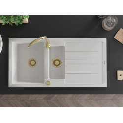 Mexen Andres   Chiuveta bucatarie granit 1,5 cuva + picurator+ cadou pop up sifon   1000 x 500 mm, alb , sifon  auriu  - 6515101510-20-G