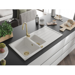 Mexen Andres   Chiuveta bucatarie granit 1,5 cuva + picurator+ cadou pop up sifon   1000 x 500 mm, alb , sifon  auriu  - 6515101510-20-G