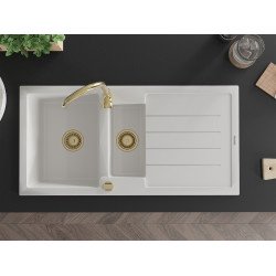 Mexen Andres   Chiuveta bucatarie granit 1,5 cuva + picurator+ cadou pop up sifon   1000 x 500 mm, alb , sifon  auriu  - 6515101510-20-G