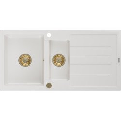 Mexen Andres   Chiuveta bucatarie granit 1,5 cuva + picurator+ cadou pop up sifon   1000 x 500 mm, alb , sifon  auriu  - 6515101510-20-G 1,5 Cuva 467680 Mexen