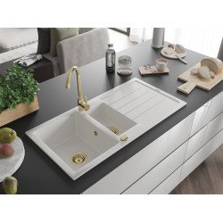 Mexen Andres   Chiuveta bucatarie granit 1,5 cuva + picurator+ cadou pop up sifon   1000 x 500 mm, alb , sifon  auriu  - 6515101510-20-G 1,5 Cuva 467680 Mexen