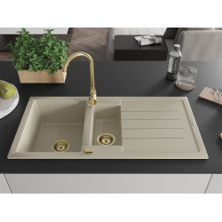 Mexen Andres   Chiuveta bucatarie granit 1,5 cuva + picurator+ cadou pop up sifon   1000 x 500 mm, beige, sifon  auriu  - 6515101510-69-G