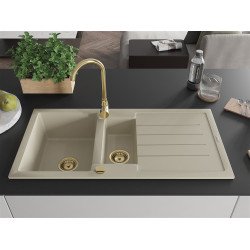 Mexen Andres   Chiuveta bucatarie granit 1,5 cuva + picurator+ cadou pop up sifon   1000 x 500 mm, beige, sifon  auriu  - 6515101510-69-G