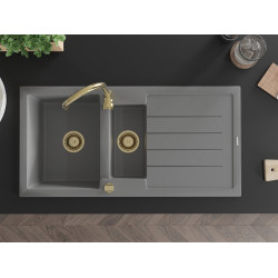 Mexen Andres   Chiuveta bucatarie granit 1,5 cuva + picurator+ cadou pop up sifon   1000 x 500 mm, gri , sifon  auriu  - 6515101510-71-G