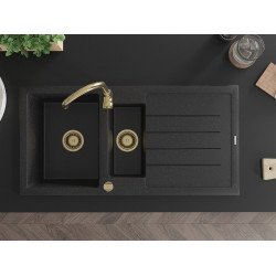 Mexen Andres   Chiuveta bucatarie granit 1,5 cuva + picurator+ cadou pop up sifon   1000 x 500 mm negru / chrom, sifon  auriu  - 6515101510-73-G