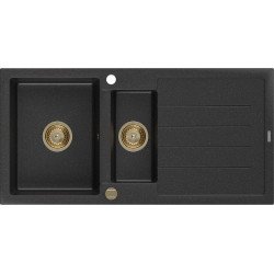 Mexen Andres   Chiuveta bucatarie granit 1,5 cuva + picurator+ cadou pop up sifon   1000 x 500 mm negru / chrom, sifon  auriu  - 6515101510-73-G 1,5 Cuva 467680 Mexen