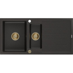 Mexen Andres   Chiuveta bucatarie granit 1,5 cuva + picurator+ cadou pop up sifon   1000 x 500 mm negru / auriu, sifon  auriu  - 6515101510-75-G 1,5 Cuva 467680 Mexen