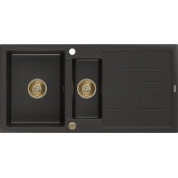 Mexen Andres   Chiuveta bucatarie granit 1,5 cuva + picurator+ cadou pop up sifon   1000 x 500 mm negru / auriu, sifon  auriu  - 6515101510-75-G 1,5 Cuva 467680 Mexen