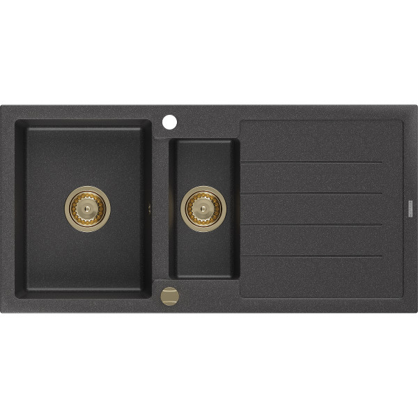 Mexen Andres   Chiuveta bucatarie granit 1,5 cuva + picurator+ cadou pop up sifon   1000 x 500 mm negru  piatra, sifon  auriu  - 6515101510-76-G