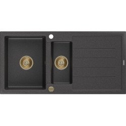Mexen Andres   Chiuveta bucatarie granit 1,5 cuva + picurator+ cadou pop up sifon   1000 x 500 mm negru  piatra, sifon  auriu  - 6515101510-76-G 1,5 Cuva 467680 Mexen