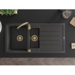 Mexen Andres   Chiuveta bucatarie granit 1,5 cuva + picurator+ cadou pop up sifon   1000 x 500 mm negru  piatra, sifon  auriu  - 6515101510-76-G