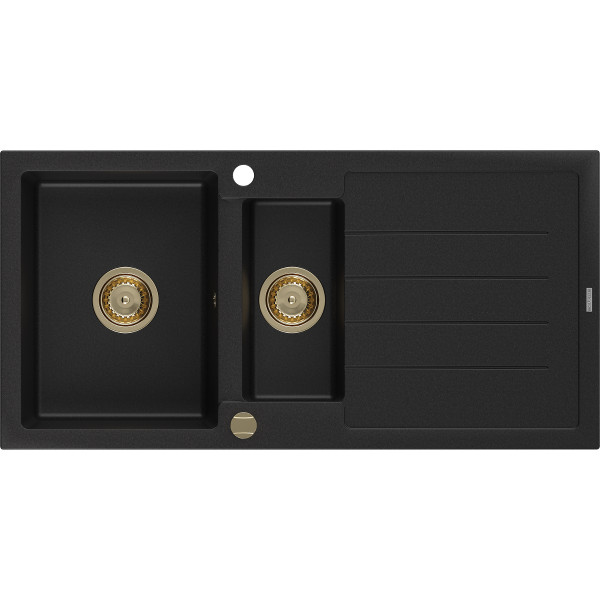 Mexen Andres   Chiuveta bucatarie granit 1,5 cuva + picurator+ cadou pop up sifon   1000 x 500 mm negru , sifon  auriu  - 6515101510-77-G