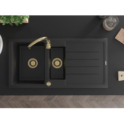 Mexen Andres   Chiuveta bucatarie granit 1,5 cuva + picurator+ cadou pop up sifon   1000 x 500 mm negru , sifon  auriu  - 6515101510-77-G