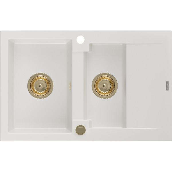 Mexen Gaspar   Chiuveta bucatarie granit 1,5 cuva + picurator+ cadou pop up sifon   737 x 475 mm, alb , sifon  auriu  - 6507731505-20-G