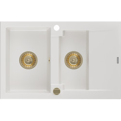 Mexen Gaspar   Chiuveta bucatarie granit 1,5 cuva + picurator+ cadou pop up sifon   737 x 475 mm, alb , sifon  auriu  - 6507731505-20-G 1,5 Cuva 467680 Mexen