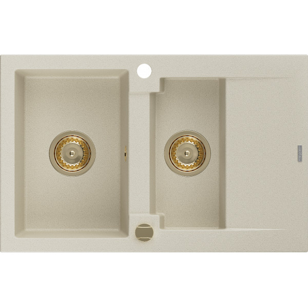 Mexen Gaspar   Chiuveta bucatarie granit 1,5 cuva + picurator+ cadou pop up sifon   737 x 475 mm, beige, sifon  auriu  - 6507731505-69-G