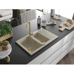 Mexen Gaspar   Chiuveta bucatarie granit 1,5 cuva + picurator+ cadou pop up sifon   737 x 475 mm, beige, sifon  auriu  - 6507731505-69-G