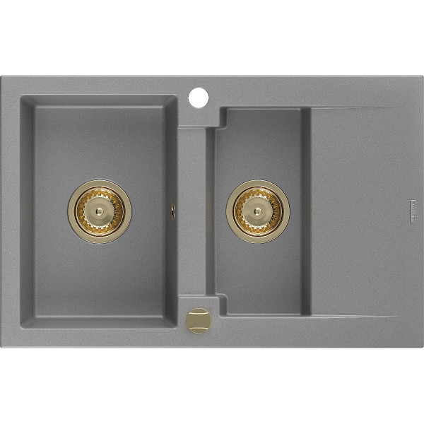 Mexen Gaspar   Chiuveta bucatarie granit 1,5 cuva + picurator+ cadou pop up sifon   737 x 475 mm, gri , sifon  auriu  - 6507731505-71-G
