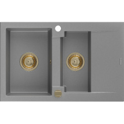 Mexen Gaspar   Chiuveta bucatarie granit 1,5 cuva + picurator+ cadou pop up sifon   737 x 475 mm, gri , sifon  auriu  - 6507731505-71-G 1,5 Cuva 467680 Mexen