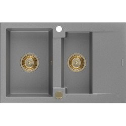 Mexen Gaspar   Chiuveta bucatarie granit 1,5 cuva + picurator+ cadou pop up sifon   737 x 475 mm, gri , sifon  auriu  - 6507731505-71-G 1,5 Cuva 467680 Mexen
