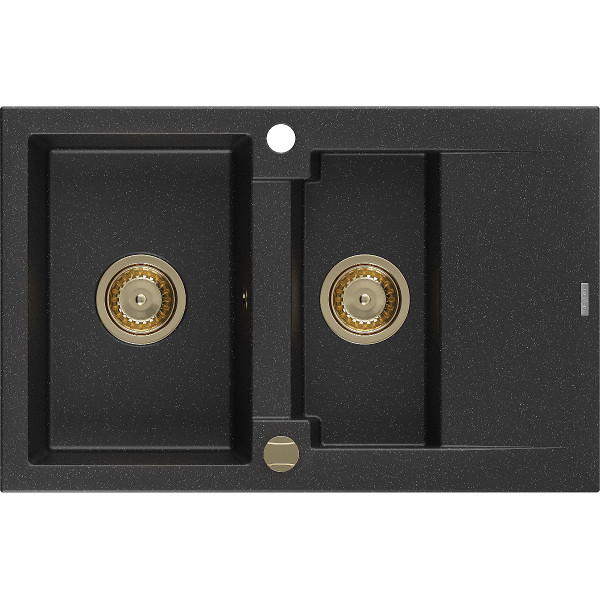 Mexen Gaspar   Chiuveta bucatarie granit 1,5 cuva + picurator+ cadou pop up sifon   737 x 475 mm, negru / chrom, sifon  auriu  - 6507731505-73-G