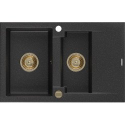 Mexen Gaspar   Chiuveta bucatarie granit 1,5 cuva + picurator+ cadou pop up sifon   737 x 475 mm, negru / chrom, sifon  auriu  - 6507731505-73-G 1,5 Cuva 467680 Mexen