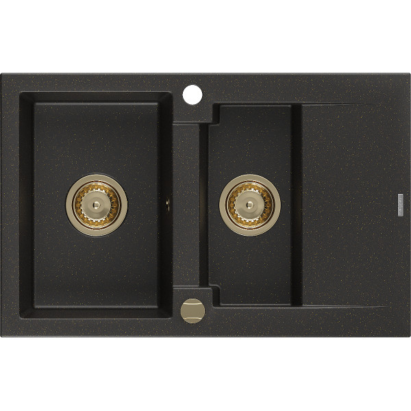 Mexen Gaspar   Chiuveta bucatarie granit 1,5 cuva + picurator+ cadou pop up sifon   737 x 475 mm, negru / auriu, sifon  auriu  - 6507731505-75-G