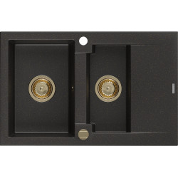 Mexen Gaspar   Chiuveta bucatarie granit 1,5 cuva + picurator+ cadou pop up sifon   737 x 475 mm, negru / auriu, sifon  auriu  - 6507731505-75-G 1,5 Cuva 467680 Mexen
