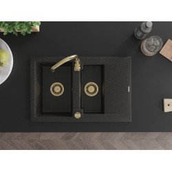 Mexen Gaspar   Chiuveta bucatarie granit 1,5 cuva + picurator+ cadou pop up sifon   737 x 475 mm, negru / auriu, sifon  auriu  - 6507731505-75-G