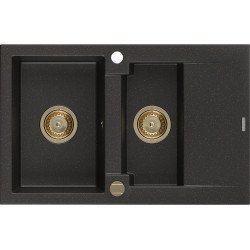 Mexen Gaspar   Chiuveta bucatarie granit 1,5 cuva + picurator+ cadou pop up sifon   737 x 475 mm, negru / auriu, sifon  auriu  - 6507731505-75-G 1,5 Cuva 467680 Mexen