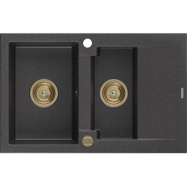 Mexen Gaspar   Chiuveta bucatarie granit 1,5 cuva + picurator+ cadou pop up sifon   737 x 475 mm, negru  piatra, sifon  auriu  - 6507731505-76-G