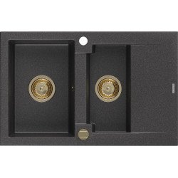 Mexen Gaspar   Chiuveta bucatarie granit 1,5 cuva + picurator+ cadou pop up sifon   737 x 475 mm, negru  piatra, sifon  auriu  - 6507731505-76-G 1,5 Cuva 467680 Mexen
