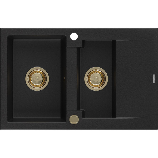 Mexen Gaspar   Chiuveta bucatarie granit 1,5 cuva + picurator+ cadou pop up sifon   737 x 475 mm, negru , sifon  auriu  - 6507731505-77-G