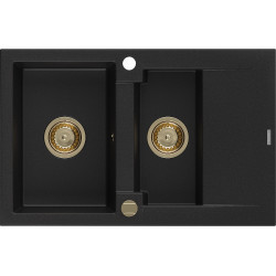 Mexen Gaspar   Chiuveta bucatarie granit 1,5 cuva + picurator+ cadou pop up sifon   737 x 475 mm, negru , sifon  auriu  - 6507731505-77-G 1,5 Cuva 467680 Mexen
