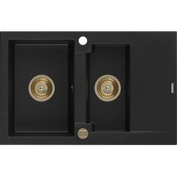 Mexen Gaspar   Chiuveta bucatarie granit 1,5 cuva + picurator+ cadou pop up sifon   737 x 475 mm, negru , sifon  auriu  - 6507731505-77-G 1,5 Cuva 467680 Mexen