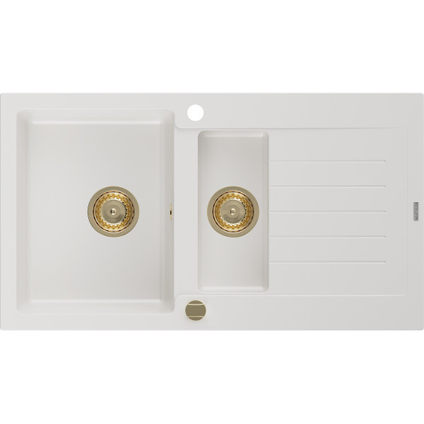 Mexen Matias   Chiuveta bucatarie granit 1,5 cuva + picurator+ cadou pop up sifon   900 x 505 mm, alb , sifon  auriu  - 6502901505-20-G