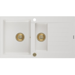 Mexen Matias   Chiuveta bucatarie granit 1,5 cuva + picurator+ cadou pop up sifon   900 x 505 mm, alb , sifon  auriu  - 6502901505-20-G 1,5 Cuva 467680 Mexen