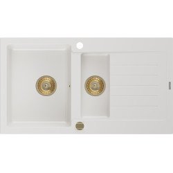 Mexen Matias   Chiuveta bucatarie granit 1,5 cuva + picurator+ cadou pop up sifon   900 x 505 mm, alb , sifon  auriu  - 6502901505-20-G 1,5 Cuva 467680 Mexen