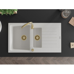 Mexen Matias   Chiuveta bucatarie granit 1,5 cuva + picurator+ cadou pop up sifon   900 x 505 mm, alb , sifon  auriu  - 6502901505-20-G