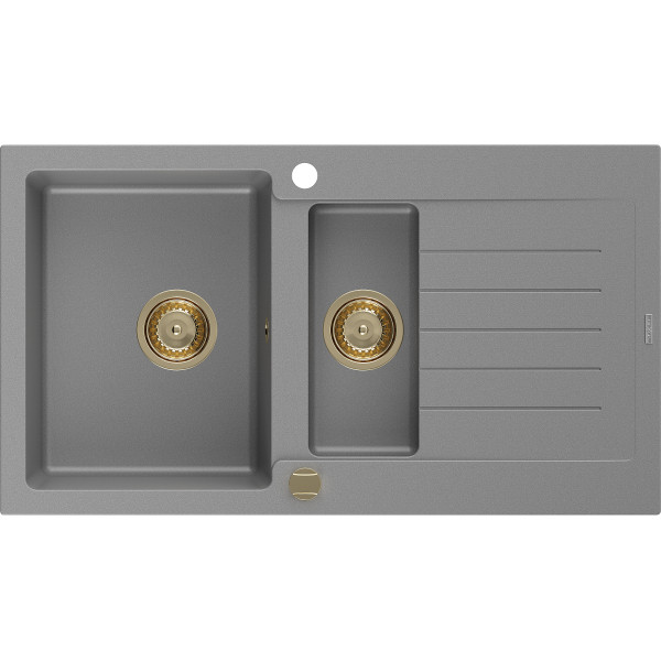 Mexen Matias   Chiuveta bucatarie granit 1,5 cuva + picurator+ cadou pop up sifon 900 x 505 mm, gri , sifon  auriu  - 6502901505-71-G