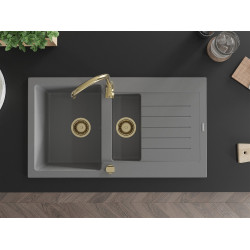 Mexen Matias   Chiuveta bucatarie granit 1,5 cuva + picurator+ cadou pop up sifon 900 x 505 mm, gri , sifon  auriu  - 6502901505-71-G