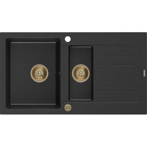 Mexen Matias   Chiuveta bucatarie granit 1,5 cuva + picurator+ cadou pop up sifon   900 x 505 mm, negru / chrom, sifon  auriu  - 6502901505-73-G