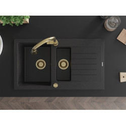 Mexen Matias   Chiuveta bucatarie granit 1,5 cuva + picurator+ cadou pop up sifon   900 x 505 mm, negru / chrom, sifon  auriu  - 6502901505-73-G