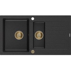 Mexen Matias   Chiuveta bucatarie granit 1,5 cuva + picurator+ cadou pop up sifon   900 x 505 mm, negru / chrom, sifon  auriu  - 6502901505-73-G 1,5 Cuva 467680 Mexen