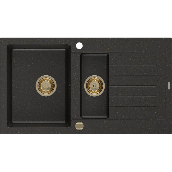 Mexen Matias   Chiuveta bucatarie granit 1,5 cuva + picurator+ cadou pop up sifon   900 x 505 mm, negru / auriu, sifon  auriu  - 6502901505-75-G