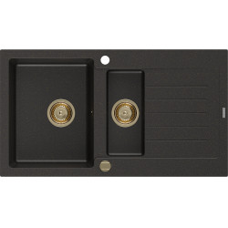 Mexen Matias   Chiuveta bucatarie granit 1,5 cuva + picurator+ cadou pop up sifon   900 x 505 mm, negru / auriu, sifon  auriu  - 6502901505-75-G 1,5 Cuva 467680 Mexen