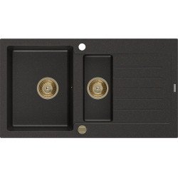 Mexen Matias   Chiuveta bucatarie granit 1,5 cuva + picurator+ cadou pop up sifon   900 x 505 mm, negru / auriu, sifon  auriu  - 6502901505-75-G 1,5 Cuva 467680 Mexen